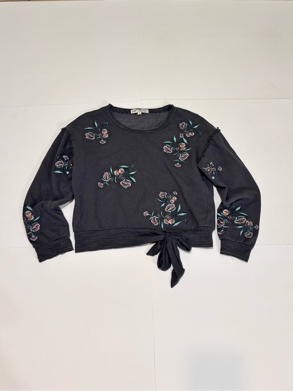 Jolt Floral Tie-Front Sweatshirt - Gray